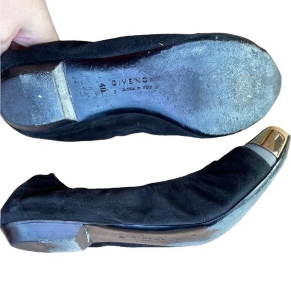 Givenchy Ballet Flats Pointed Cap Toe Gold Slip On Shoes Black Suede Size 40 - Picture 11 of 12